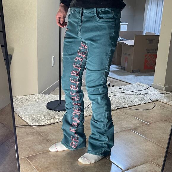 Valabasas Crotch Print Y2K Embroidered Teal Stacked Jeans - Picture 2 of 9